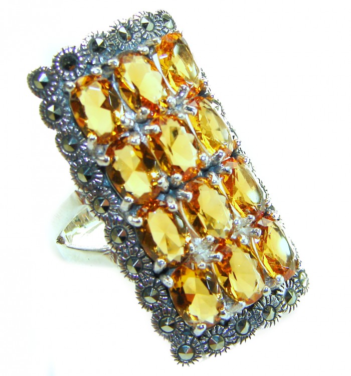 Golden Royalty 44.5 carat Citrine Marcasite .925 Sterling Silver Handcrafted Huge Ring size 8