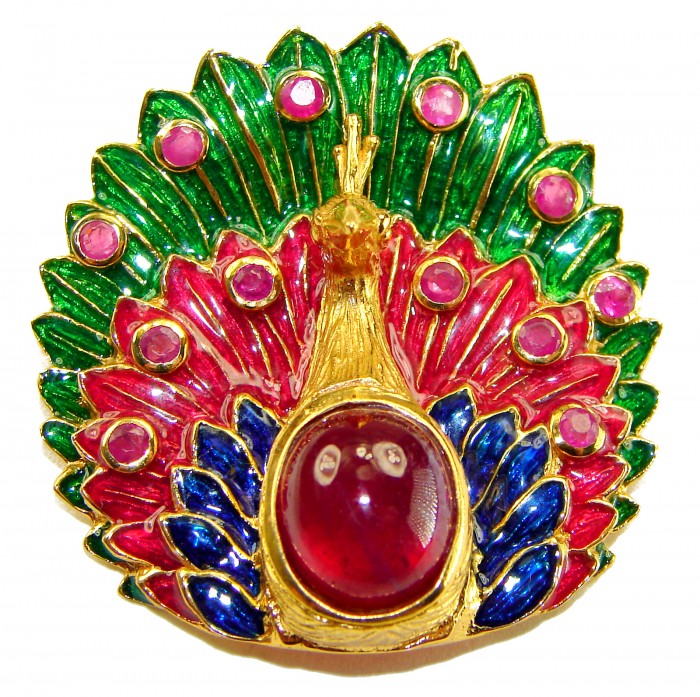 Luxurious Peacock genuine 12.5 carat Ruby Enamel 22K Gold over .925 Sterling Silver handmade Pendant - Brooch