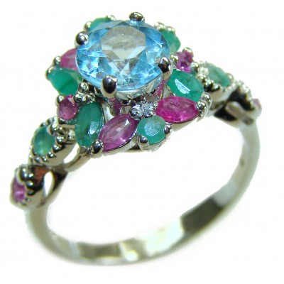 Emily 4.5 carat Swiss Aquamarine Ruby .925 Sterling Silver handmade Statement Ring size 6