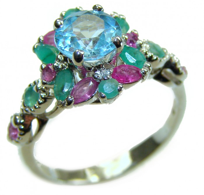 Emily 4.5 carat Swiss Aquamarine Ruby .925 Sterling Silver handmade Statement Ring size 6