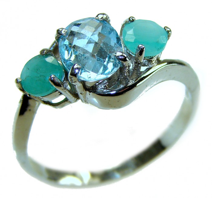 Emily 3.8 carat Swiss Aquamarine Emerald .925 Sterling Silver handmade Statement Ring size 8