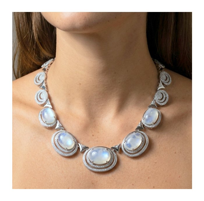 Moonlight Serenade authentic 62.5 carat Fire Moonstone Rhodium over .925 Sterling Silver handcrafted necklace - video