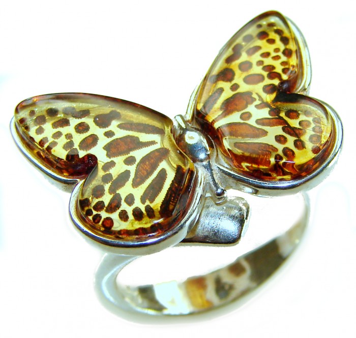 Butterfly Authentic carved Baltic Amber .925 Sterling Silver handcrafted ring; s. 8 adjustable