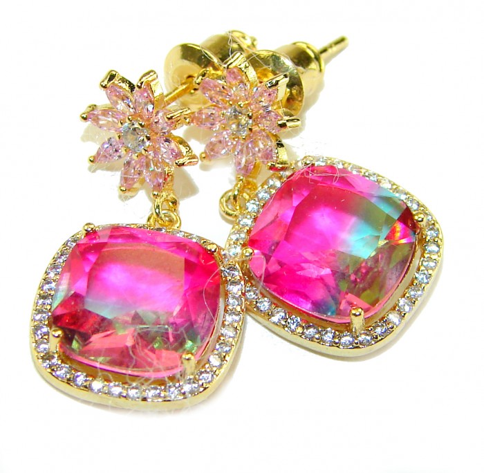 Genevieve 6.5 carat genuine Brazilian Watermelon Tourmaline .925 Sterling Silver dipped in 18K Gold handcrafted Statement earrings