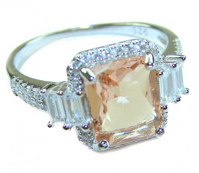 Authentic emerald cut 8.2 carat volcanic Morganite .925 Sterling Silver ring s. 9