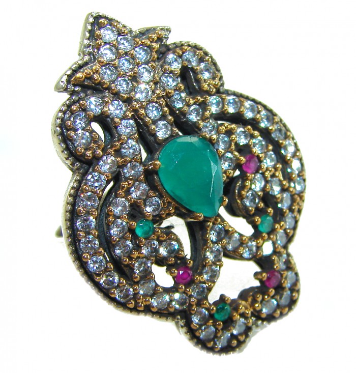 Emily 8.8 carat Emerald .925 Sterling Silver handmade Statement Ring size 8 1/4