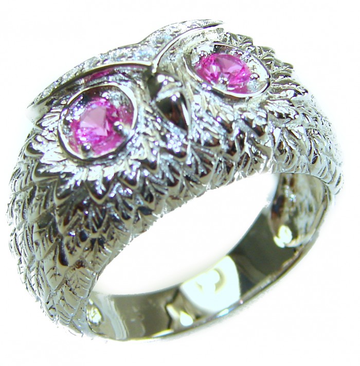 Owl 2.1 carat Pink Tourmaline Eyes .925 Sterling Silver dipped in real Gold handmade Ring size 8