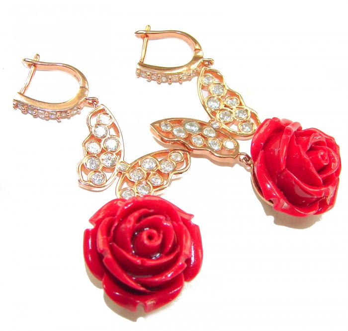 Enchanted Rose Genuine carved Coral 14K Rose Gold over .925 Sterling Silver handcrafted earrings