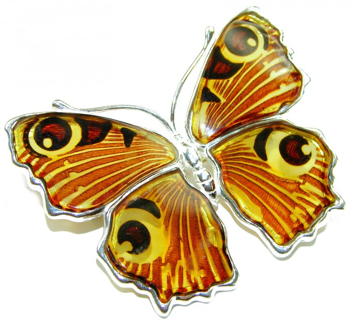 Large Golden Butterfly carved Baltic Polish Amber .925 Sterling Silver handcrafted Pendant / Brooch