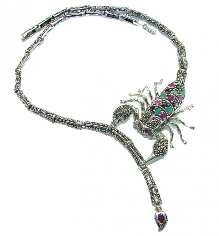 Large SCORPIO Genuine Ruby Emerald Marcasite .925 Sterling Silver handmade handcrafted Necklace