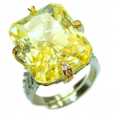 Solid 35.8 carat Genuine Yellow Sapphire 2 tones .925 Sterling Silver handcrafted ring size 7 adjustable