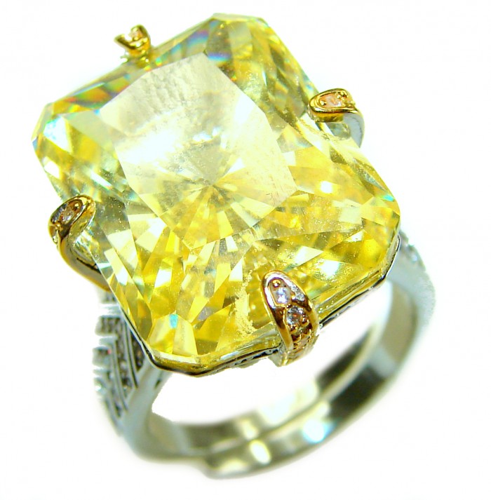 Solid 35.8 carat Genuine Yellow Sapphire 2 tones .925 Sterling Silver handcrafted ring size 7 adjustable