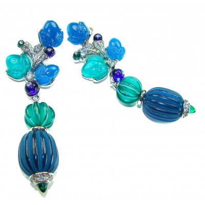 Blue Extravaganza - Very Unique 60.5 carat Emerald Sapphire .925 Sterling Silver handcrafted earrings