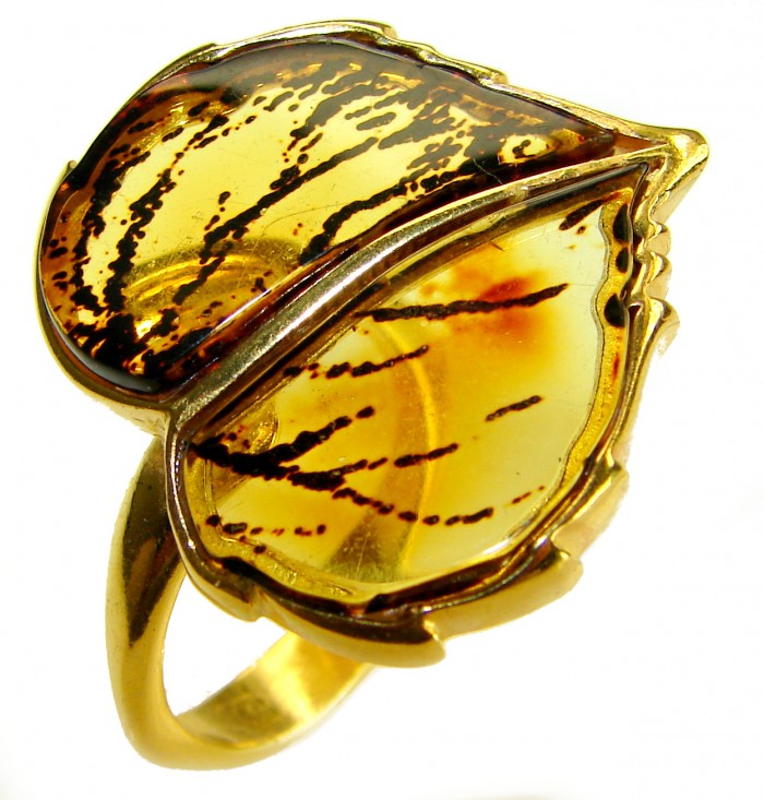 Authentic carved Baltic Amber .925 Sterling Silver dipped in 18K Gold handcrafted ring; s. 8 adjustable