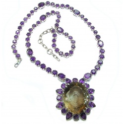 Outstanding 155.4 carat Autehntic carved Smoky Topaz Amethyst .925 Sterling Silver handcrafted Statement necklace
