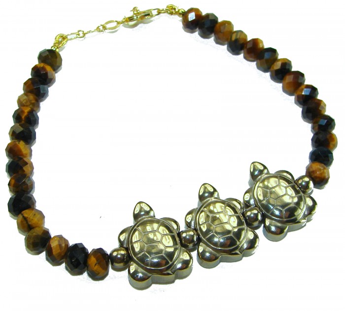 Three Turtles Tigers Eye 14K Gool over .925 Sterling Silver Bracelet