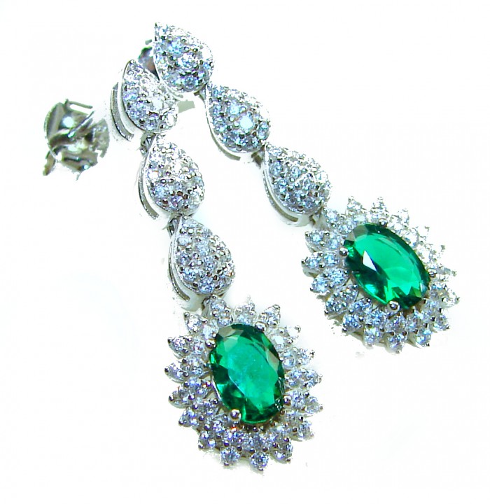 Gabriella 5.2 carat authentic Emerald rhodium over .925 Sterling Silver handcrafted Statement earrings