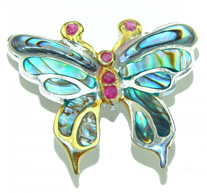BUTTERFLY Natural Rainbow Abalone .925 Sterling Silver handmade Pendant