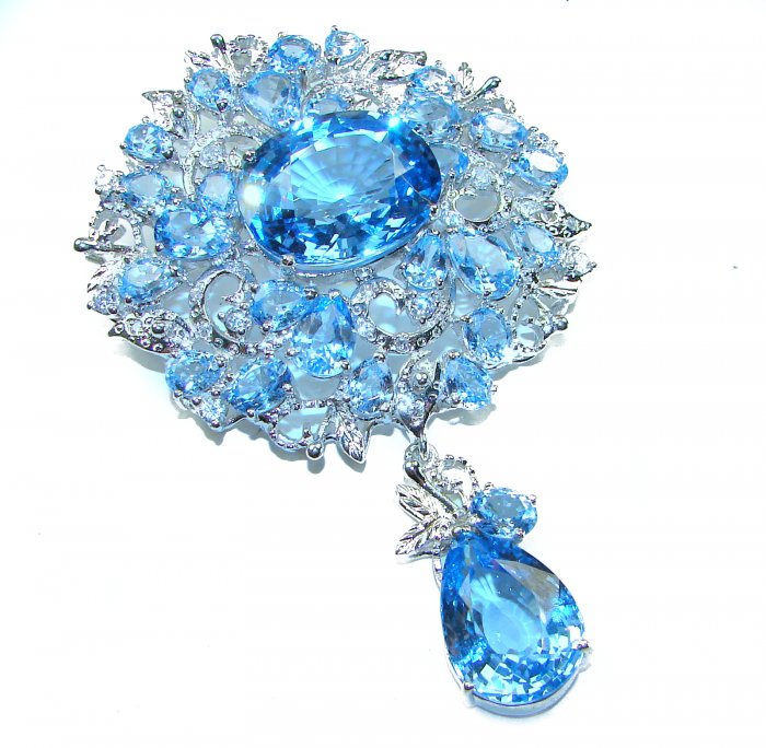 An exuberantly Large 75.5 grams Vintage style Swiss Blue Topaz .925 Sterling Silver DIPPED IN RHODIUM handmade LARGE Pendant - Brooch - video