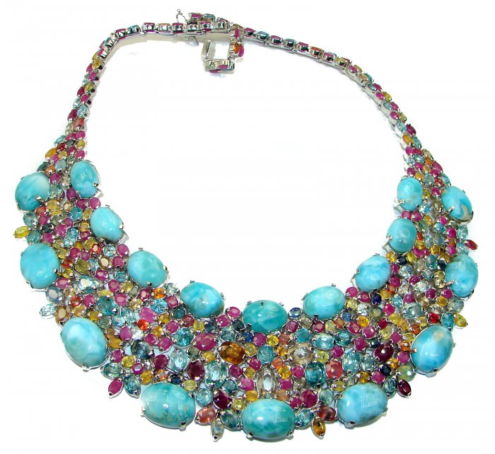 Luna 255.3 carat authentic Larimar From Dominican Republic .925 Sterling Silver handcrafted MASSIVE STATEMENT Necklace - video