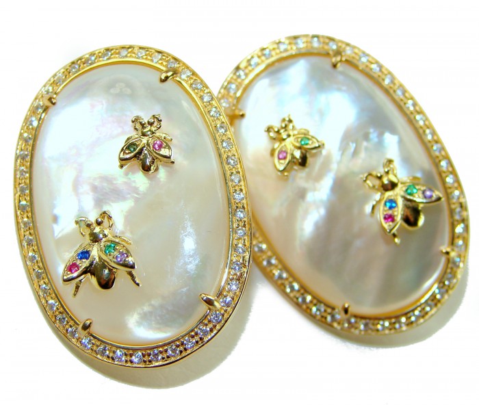Genuine Blister Pearl lab grown Diamond 18K Gold over .925 Sterling Silver handcrafted Large Statement Earrings