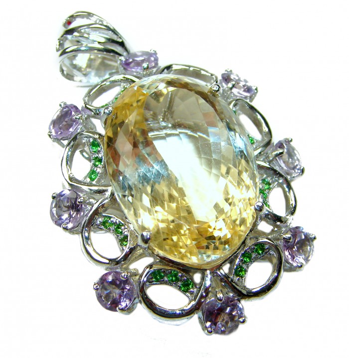 Luxurious Oval cut 32.3 carat Brazilian Citrine rhodium over .925 Sterling Silver handcrafted LARGE pendant