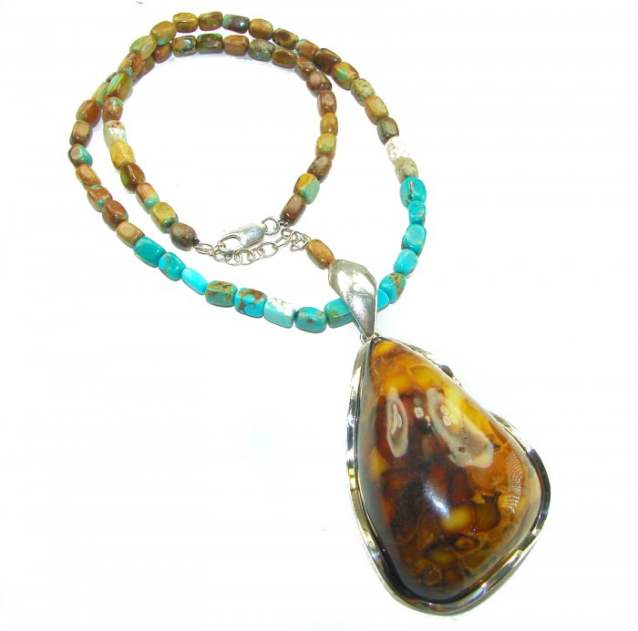 Rare!- vintage Style- natural Baltic Amber genuine Turquoise .925 Sterling Silver handcrafted necklace - video