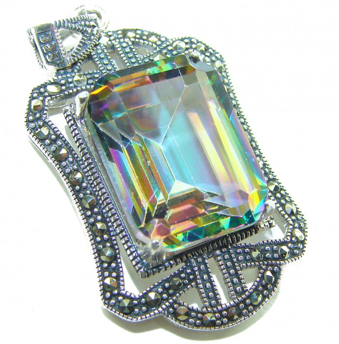 Spectacular 14.2 cut Mystic Topaz Marcasite .925 Sterling Silver handcrafted Pendant - video
