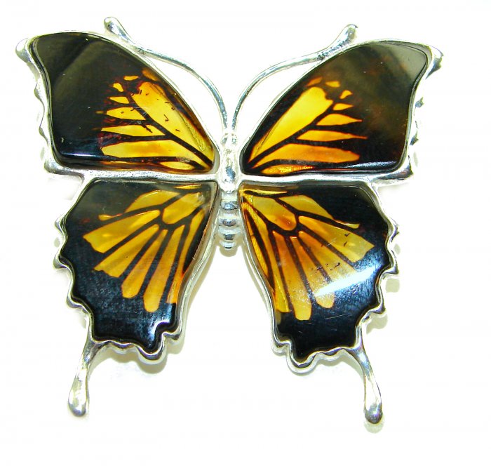 Large Golden Butterfly carved Baltic Polish Amber .925 Sterling Silver handcrafted Pendant / Brooch - video