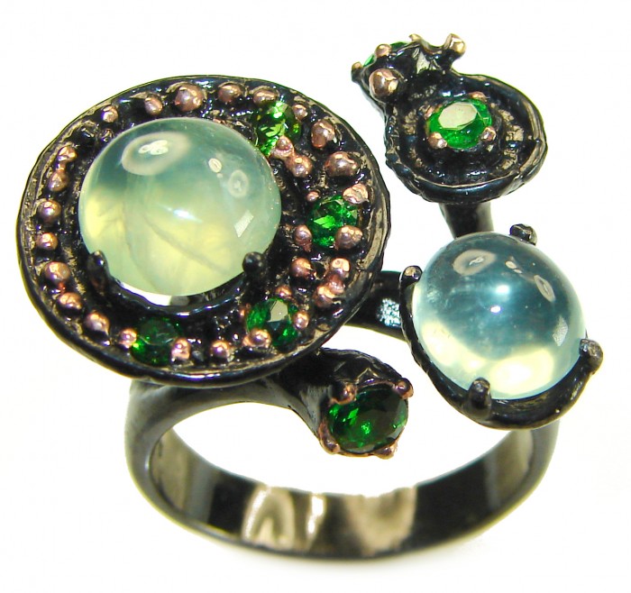 Best quality Prehnite black rhodium over .925 Sterling Silver handcrafted Ring Size 8 3/4