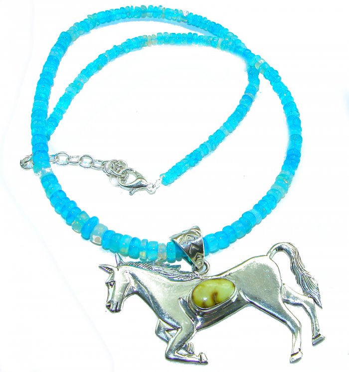 Precious Magic Horse Authentic Corrico lake Turquoise Australian Opal .925 Sterling Silver handmade Statement necklace; 18 - 20 inches long - video