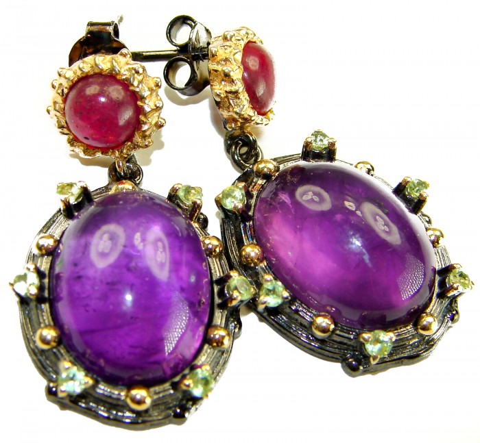 Natural 22.6 carat fancy Amethyst 18K black rhodium Gold over .925 Sterling Silver handmade earrings
