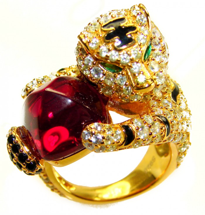 GEPHARD Genuine 10.5 CARAT Ruby black enamel .925 Sterling Silver dipped in 22K Gold Large Statement Ring size 6 1/4