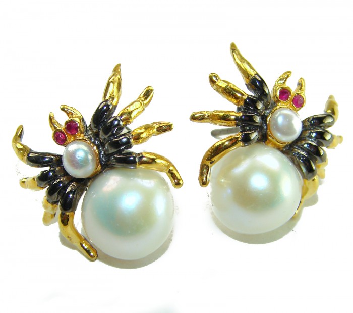 Spider Genuine Pearl 14K Gold rhodium over .925 Sterling Silver handcrafted Statement Earrings