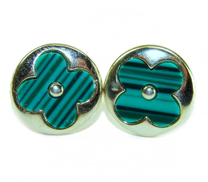 Outstanding inlay authentic Malachite Lucky Four Leaf Clover .925 Sterling Silver Earrings