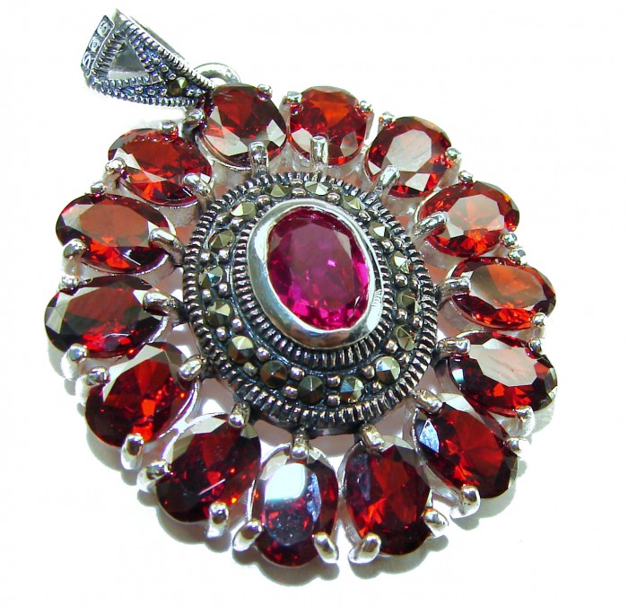 Circle of Life 15.2 carat authentic Ruby Marcasite .925 Sterling Silver handmade Pendant