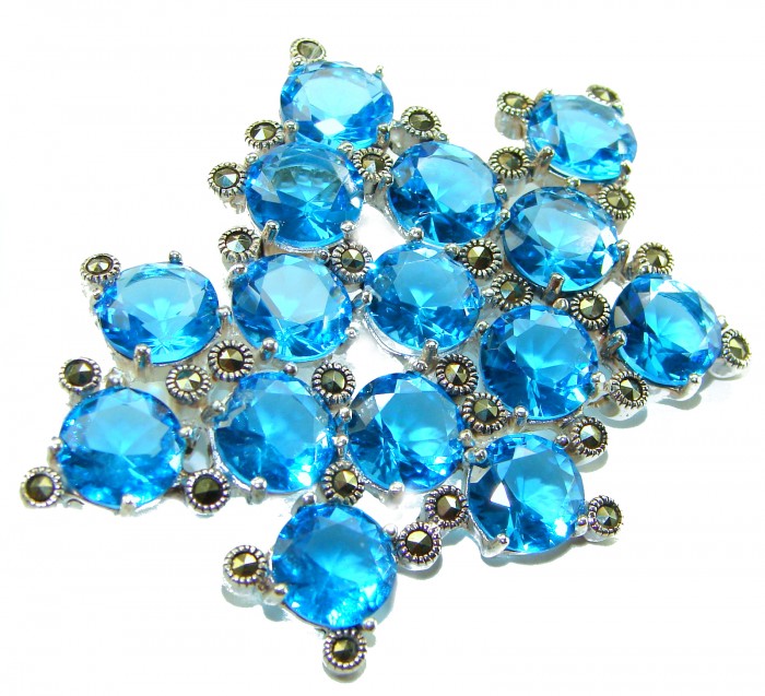 Blue Galaxy Authentic 45.5 carat Swiss Blue Topaz .925 Sterling Silver DIPPED IN RHODIUM handmade LARGE Pendant - Brooch