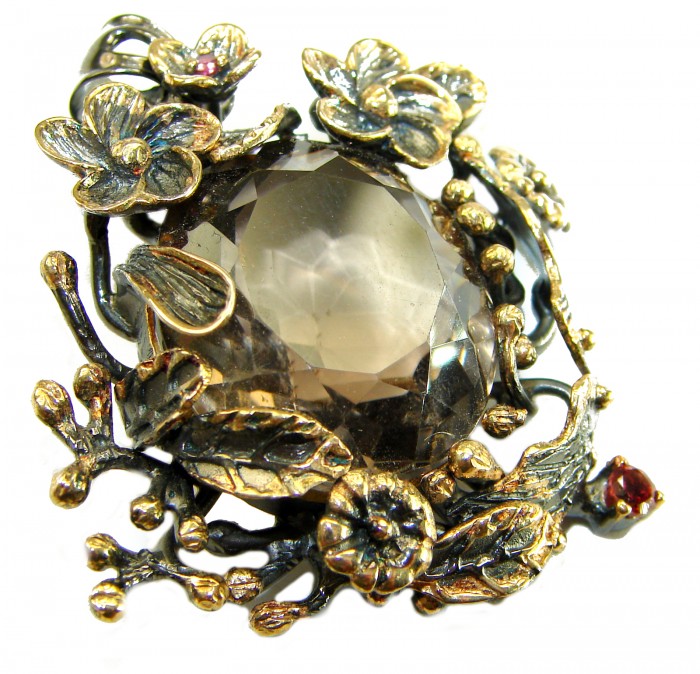 Authentic 33.5 carat carved Smoky Topaz 2 tones .925 Sterling Silver handmade Statement Pendant
