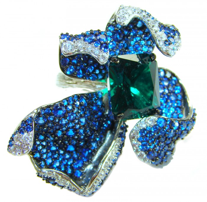 Wild Flower 55.2 carat authentic Colombian Emerald Sapphire.925 Sterling Silver handcrafted Statement Ring size 6 1/4