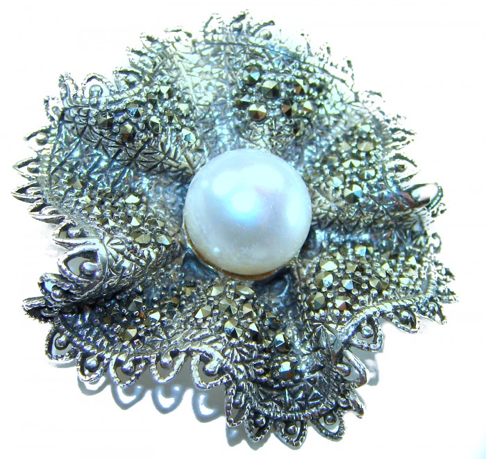 Genuine white Pearl Marcasite .925 Sterling Silver handcrafted Brooch