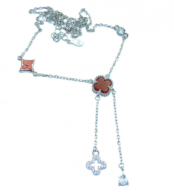 Outstanding 20 inches long Carnelian Lucky Four Leaf Clover .925 Sterling Silver necklace