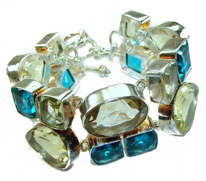 Victorian Style 122.5 carat Lemon Quartz Swiss Blue Topaz .925 Sterling Silver Bracelet