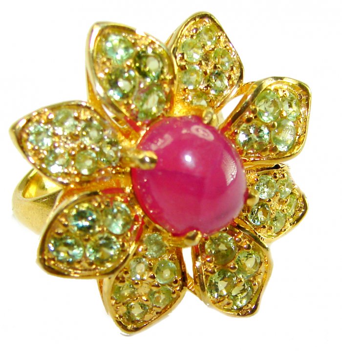 Enchanted Beauty 10.9 carat natural Kashmir Ruby Peridot 18K Gold over .925 Sterling Silver Huge handcrafted Ring s. 7 1/4 - video