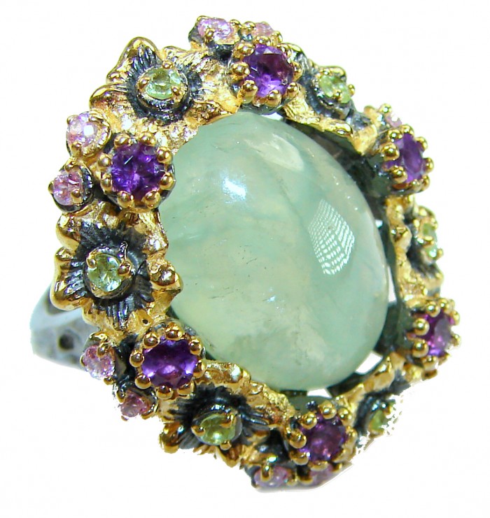 Vintage Style Best quality 22.8 carat Prehnite 2 tones .925 Sterling Silver handcrafted Ring Size 7 1/4