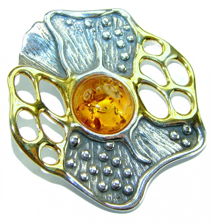 Prehistoric Authentic Baltic Amber 2 tones .925 Sterling Silver beautifully handcrafted Pendant