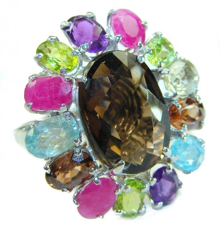 Serenity natural 28.5 carat Champagne Smoky Topaz .925 Sterling Silver HUGE Ring size 8 1/4