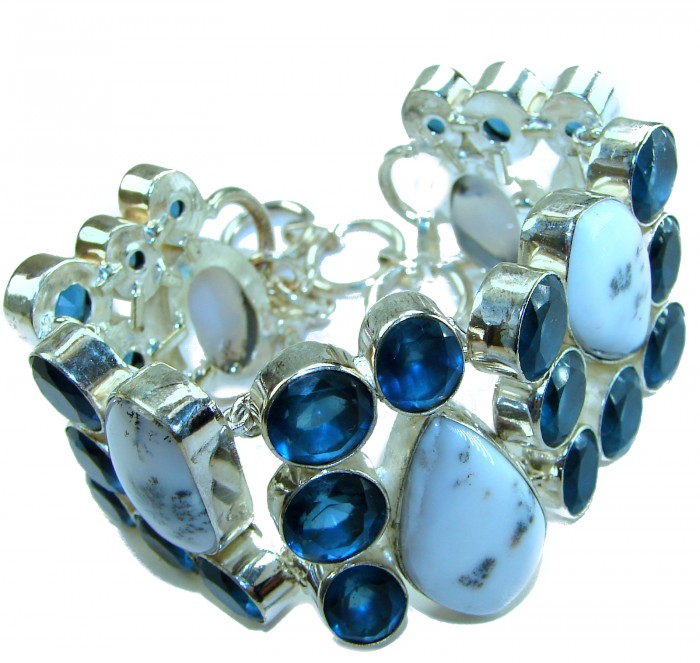 Very Unique natural White Dendritic Agate & Blue Topaz Sterling Silver Statement Bracelet