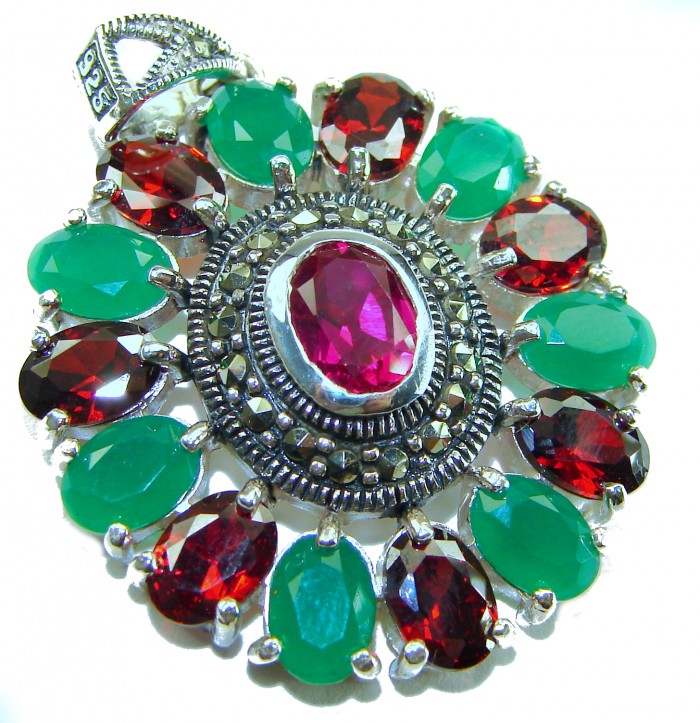 Giovanna 22.2 carat authentic Ruby Emerald Marcasite .925 Sterling Silver handmade Pendant