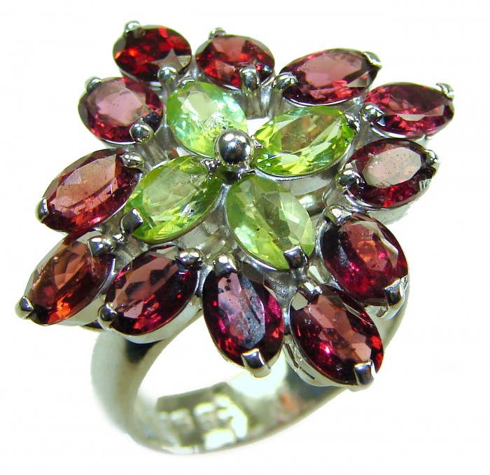 Royalty 15.8 carat authentic Himalayan Peridot Garnet .925 Sterling Silver Handcrafted Statement Ring size 8