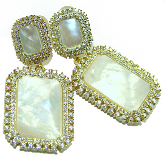 Genuine Blister Pearl lab grown Diamond 18K Gold over .925 Sterling Silver handcrafted Large Statement Earrings